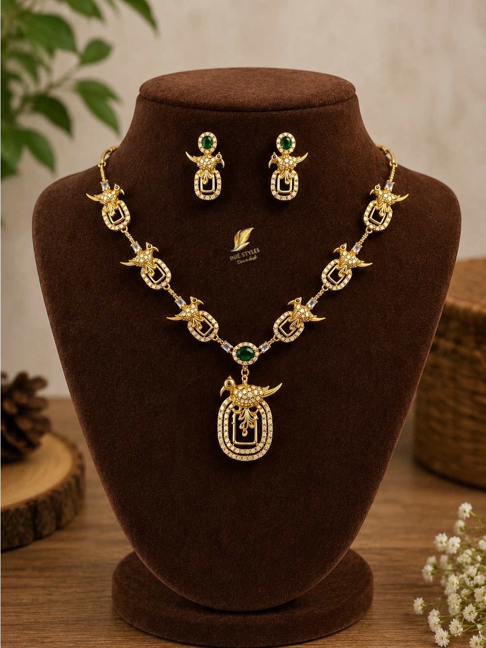 Gold-Plated Green Stone Necklace & Earring Set